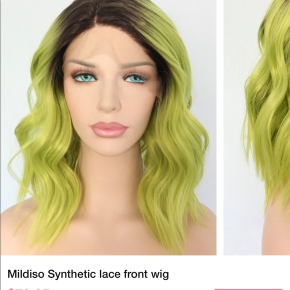 trendy wig, green 16 inch synthetic. - Picture 3 of 4